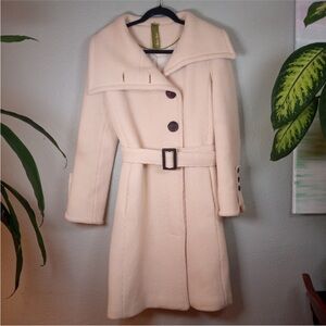 Soia & Kyo Wool Cream Oversized Wood Button Belted Feminine Bohemian Pea Coat